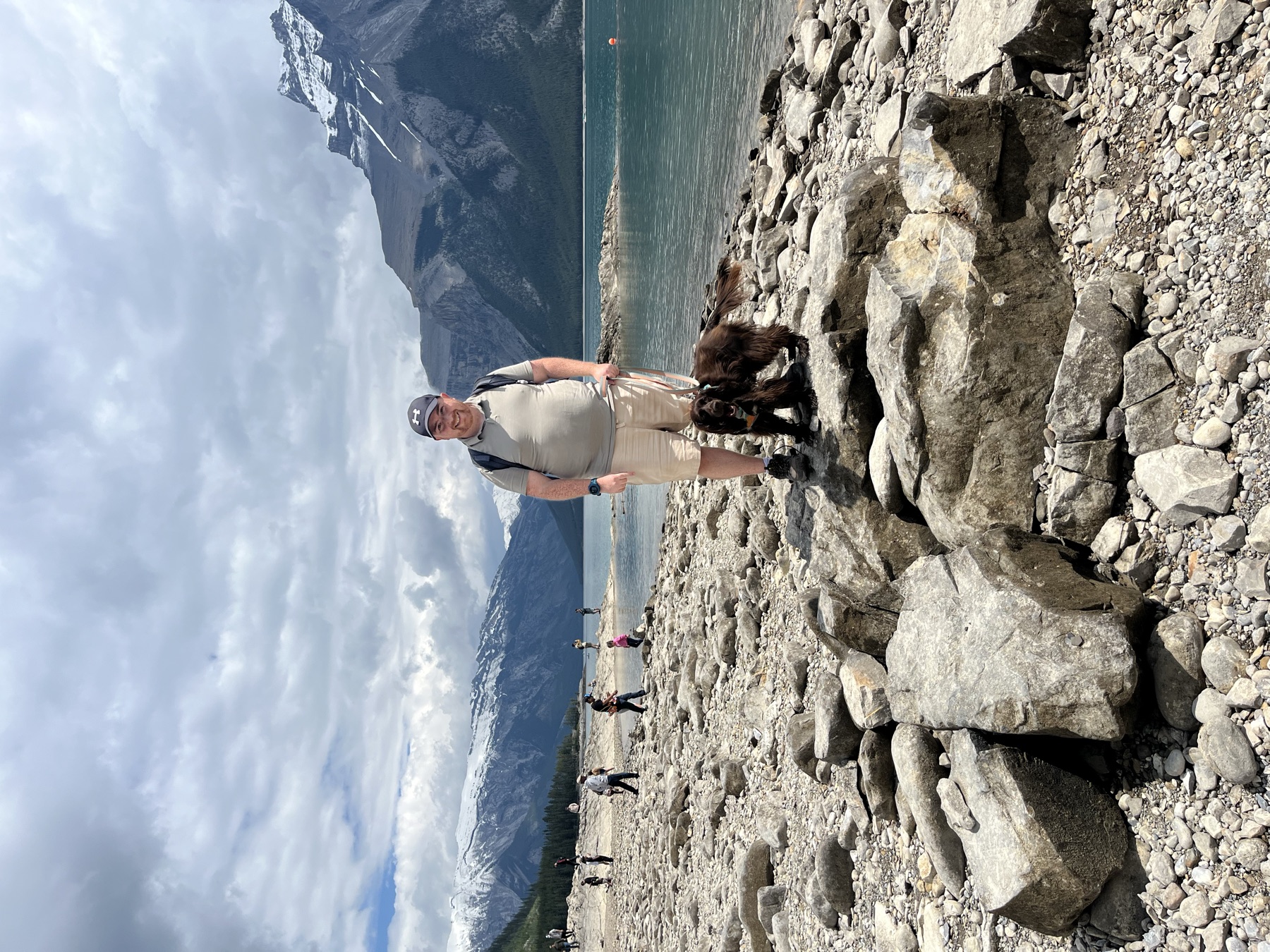 Tilly and me on the rocky shore at Lake Minnewanka