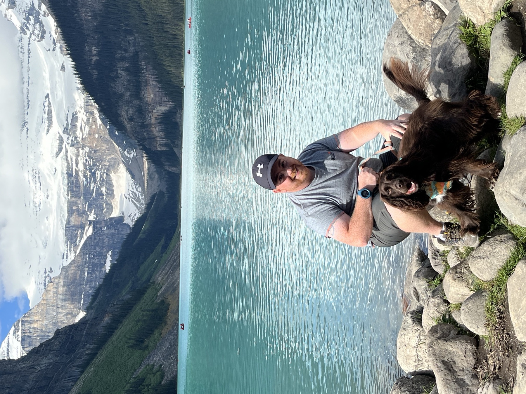 A dog exploring Lake Louise