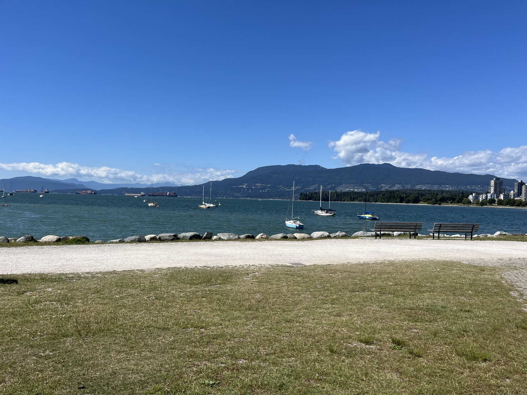 Sailboats and mountains across English Bay from Hadden Park