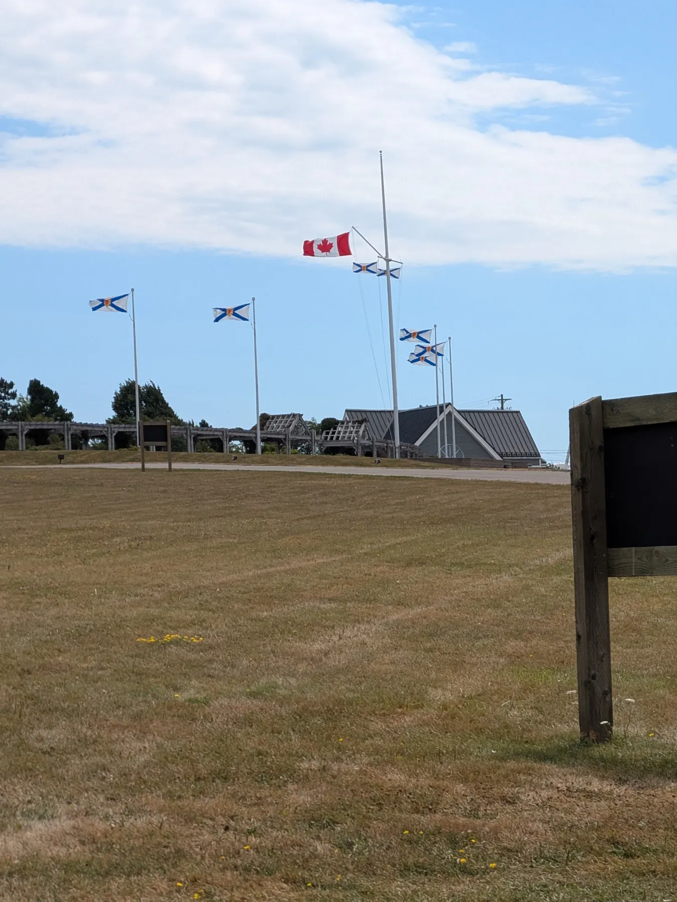 Canadian and Nova Scotia flags flying at the visitor centre