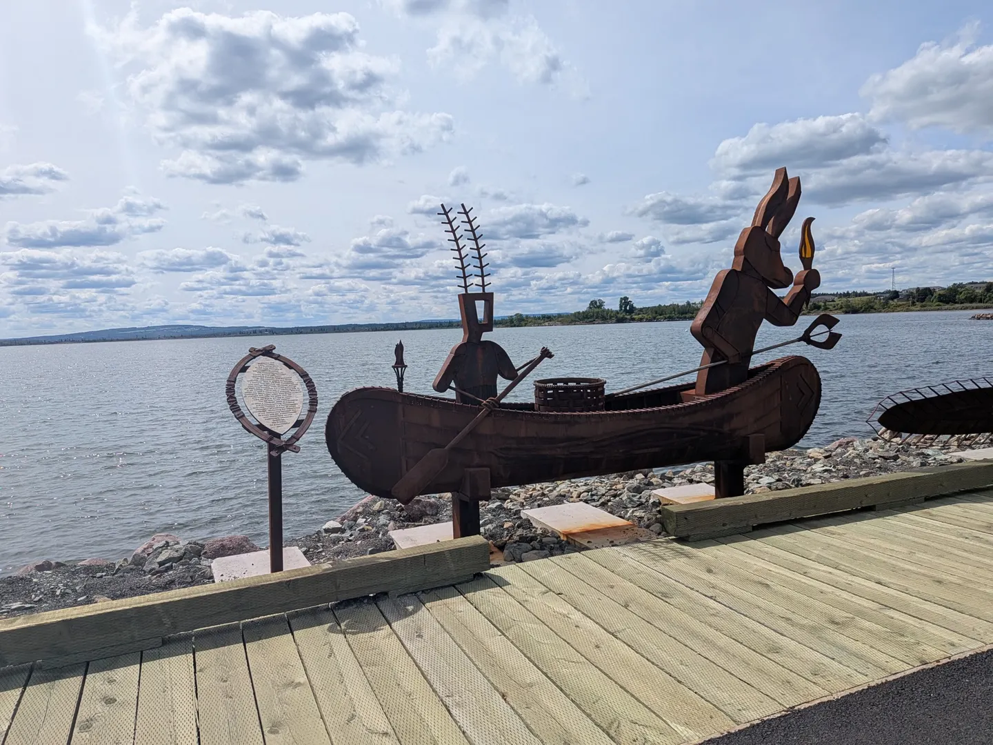 A metal canoe sculpture on the Pictou waterfront